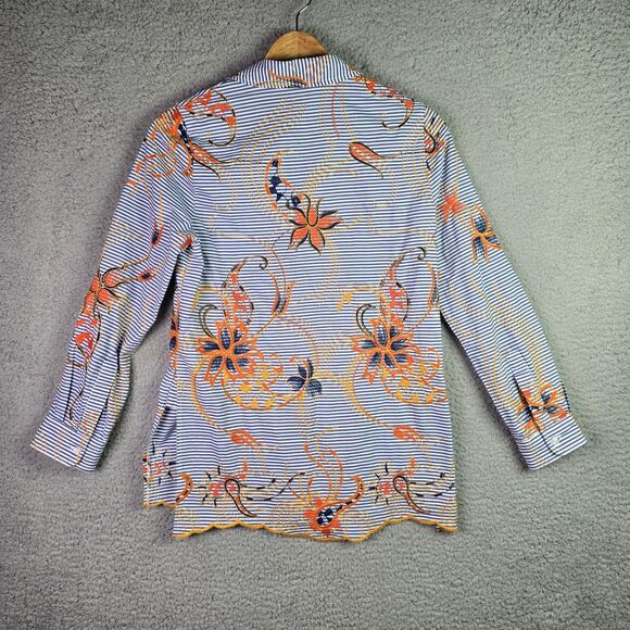Peck & Peck Embroidered Striped Floral Shirt Small Cotton Boho Scallop Hem Blue - Picture 14 of 16